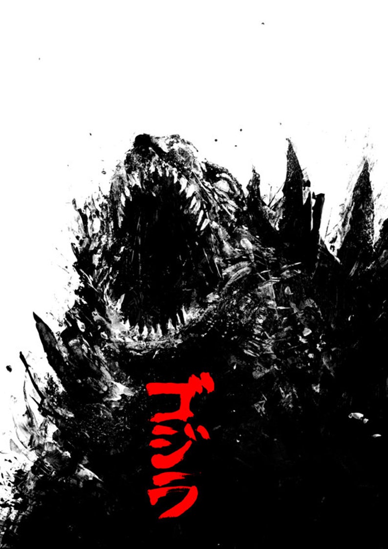 Godzilla poster, acrylic painting, art print, black and white art, movie poster, godzilla art, black and red, gojira text art, monster A3 image 4