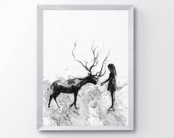 Bond, Deer Head, Animal Art Print, Deer Art, Stag Art Print, Girl And Deer, Black And White Art, Minimalist Art, Reindeer Art, Nursery Art