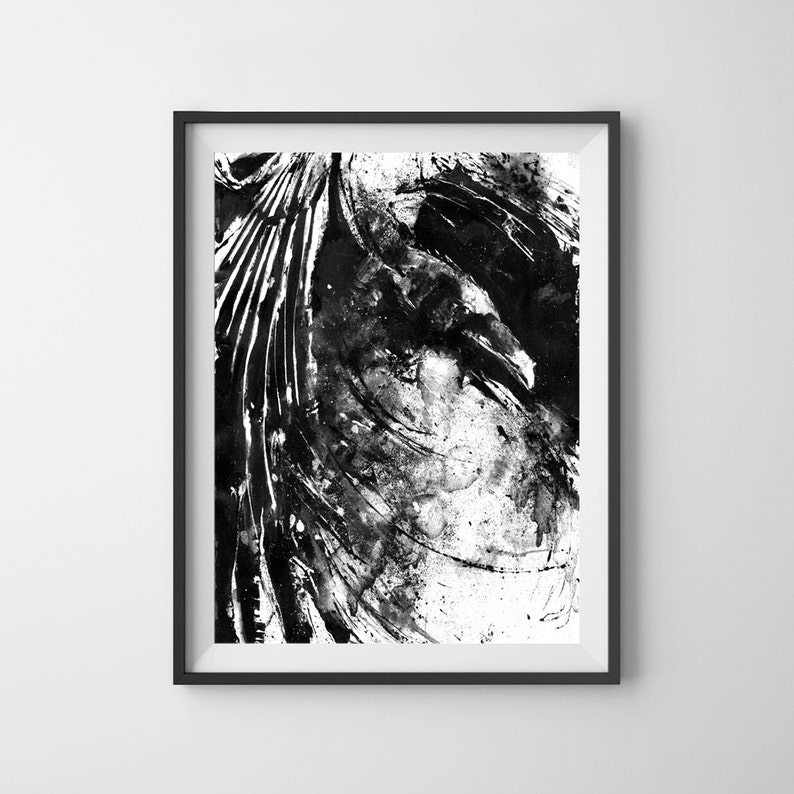 Messy Raven, Black And White Raven Art Print, Bird Poster, Crow Print, Raven decor, Bird Lover, Raven Painting, Black Bird Goth, Home Decor image 3