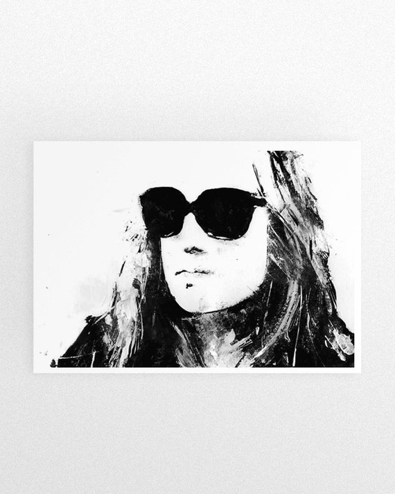 Sunglass girl Black and white art Art print black and Etsy