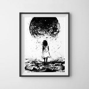 WONDER, Black And White Art, Fantasy Art, Mythical, Moon Art, Little Girl, Planet Art, Spooky Art, Art Print, Dreams, Contemporary Art image 1