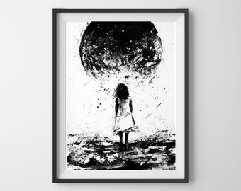 WONDER, Black And White Art, Fantasy Art, Mythical, Moon Art, Little Girl, Planet Art, Spooky Art, Art Print, Dreams, Contemporary Art