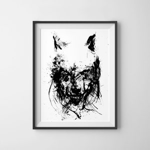 Angry Wolf, Black and White Art, Ink Drawing, Animal Art, Ink Splatter, Wolf Face, Sketch Art, Archival Fine Art Print, Wolf Print, Dark Art