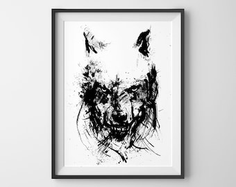 Angry Wolf, Black and White Art, Ink Drawing, Animal Art, Ink Splatter, Wolf Face, Sketch Art, Archival Fine Art Print, Wolf Print, Dark Art