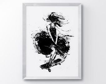 Skating Girl, Black and White, Acrylic painting, Art Print, Windy Big Skirt, Black And White Art, Funny art, Wind BlowingA3 Size