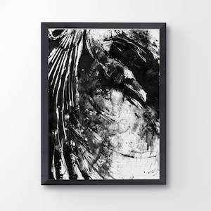 Messy Raven, Black And White Raven Art Print, Bird Poster, Crow Print, Raven decor, Bird Lover, Raven Painting, Black Bird Goth, Home Decor image 1