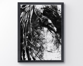 Messy Raven, Black And White Raven Art Print, Bird Poster, Crow Print, Raven decor, Bird Lover, Raven Painting, Black Bird Goth, Home Decor