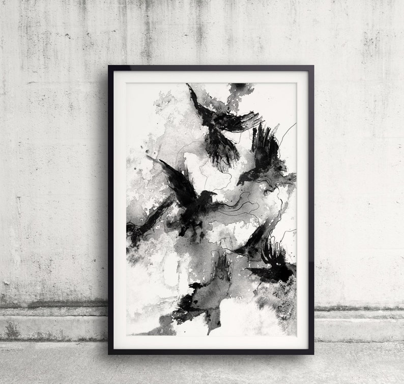 Ravens, Black And White Print, Ink Drawing, Bird Poster, Crow Print, Raven decor, Bird Lover, Raven Painting, Animal Art, Wall Print, Messy image 2