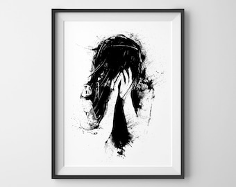 Sometimes Life Is Unfair, Black And White Art, Sad Girl, Wall Art, Surreal Abstract Crying, Ink Drawing, Ink Splatter, Pen & Ink Print, Dark