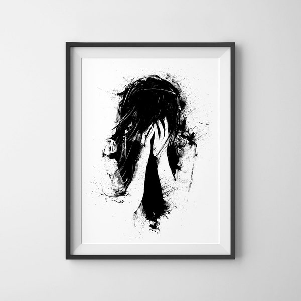Sometimes Life Is Unfair, Black And White Art, Sad Girl, Wall Art, Surreal Abstract Crying, Ink Drawing, Ink Splatter, Pen & Ink Print, Dark