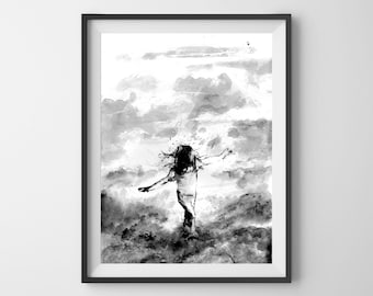 Walking On Clouds, Black And White, Art Print, Little Girl, Clouds, Acrylic Painting, Art Poster, Girl Art, Fantasy Art, Symbolism, Dark