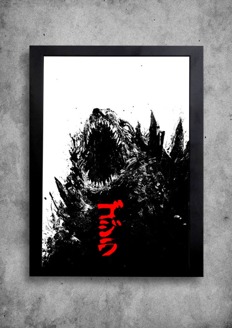 Godzilla poster, acrylic painting, art print, black and white art, movie poster, godzilla art, black and red, gojira text art, monster A3 image 3