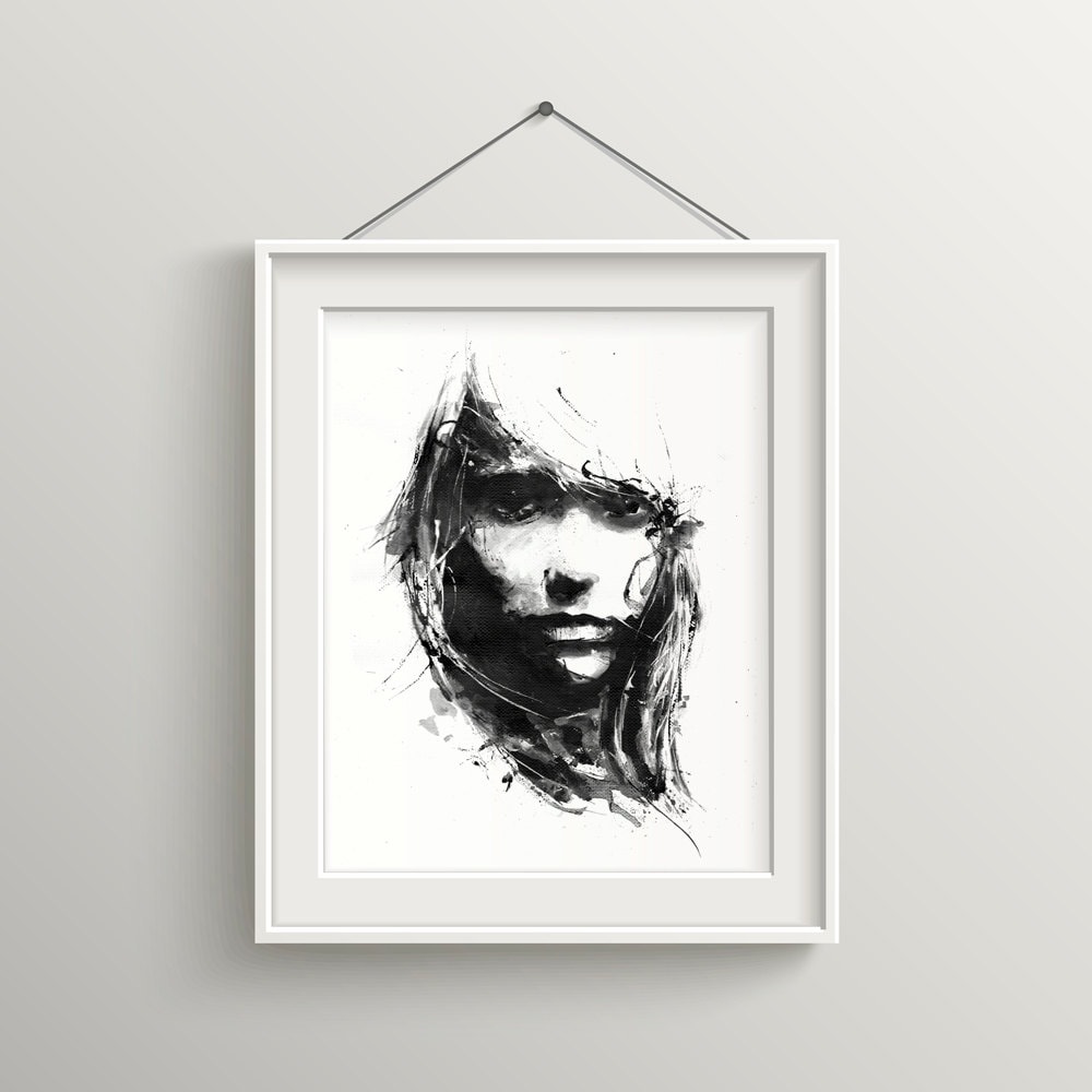 Target Publications Wall Painting Photo Frame of a Beautiful Girl, Handmade with Water Colour, Modern Art Pen Sketch Drawing, Portrait  Painting for Wall, Living Room, Bedroom, Office, Home Decor