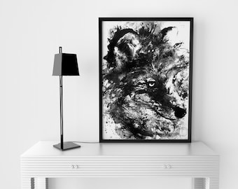 Wild Art, Messy Animal, Ink Art, Home Decor, Animal Art, Wolf Art, Fox Art, Black And White, GICLÉE PRINT, wolf decor, Wolf Dog, Nature