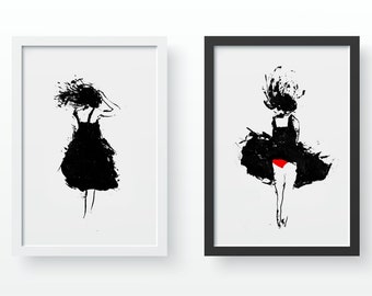 Set of two prints, Black and White Art, Red Wall Art, Minimalist Art Poster, Modern Home Decor, Art Print, Pen & Ink Print, Wind Blowing