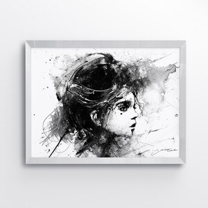 May include: Black and white ink drawing of a woman's face with a splash of watercolor in the background.
