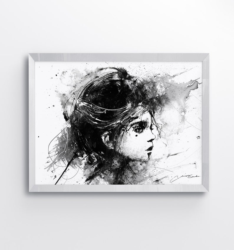 May include: Black and white ink drawing of a woman's face with a splash of watercolor in the background.