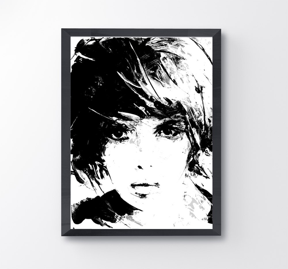 Girl in black and white acrylic painting print face art etsy