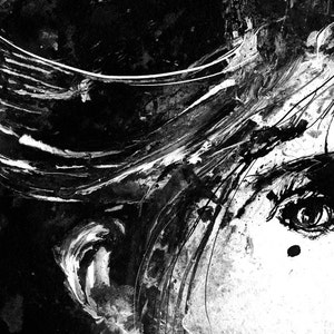 May include: Black and white abstract painting of a woman's face with a focus on the eye. The painting is done in a loose, expressive style with thick brushstrokes.