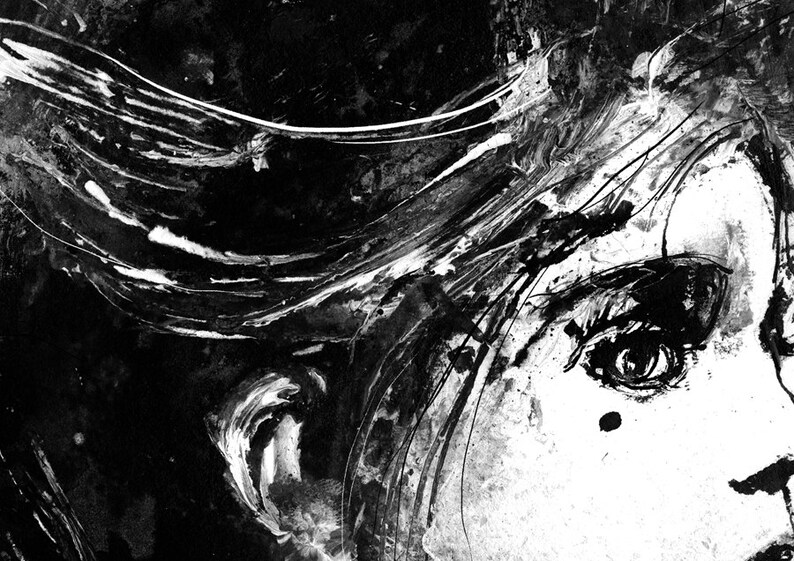 May include: Black and white abstract painting of a woman's face with a focus on the eye. The painting is done in a loose, expressive style with thick brushstrokes.