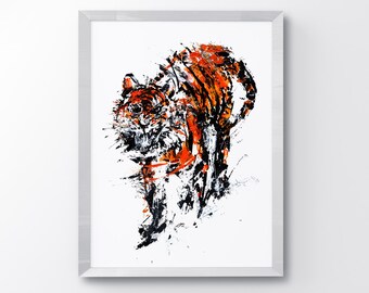 Angry Tiger, Animal Art Print, Black and Orange, Animal Print, Dark Orange, Tiger Print, Big Cat Art, Tiger Poster, Animal Poster A4, A3