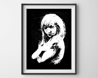 Cold, Woman Hugging Herself, Black And White, Modern Art, Contemporary Art, White On Black, Emotional Art, Home Decor, Wall Art. Lonely Girl