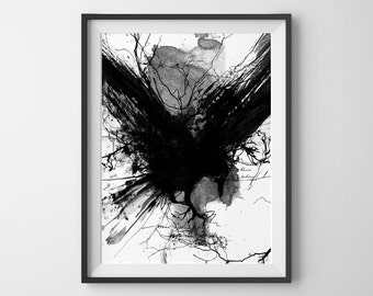 Black Raven, Black And White Raven Art Print, Raven Poster, Raven Print, Raven Art, Bird Lover, Raven Painting, Black Bird Goth, Home Decor