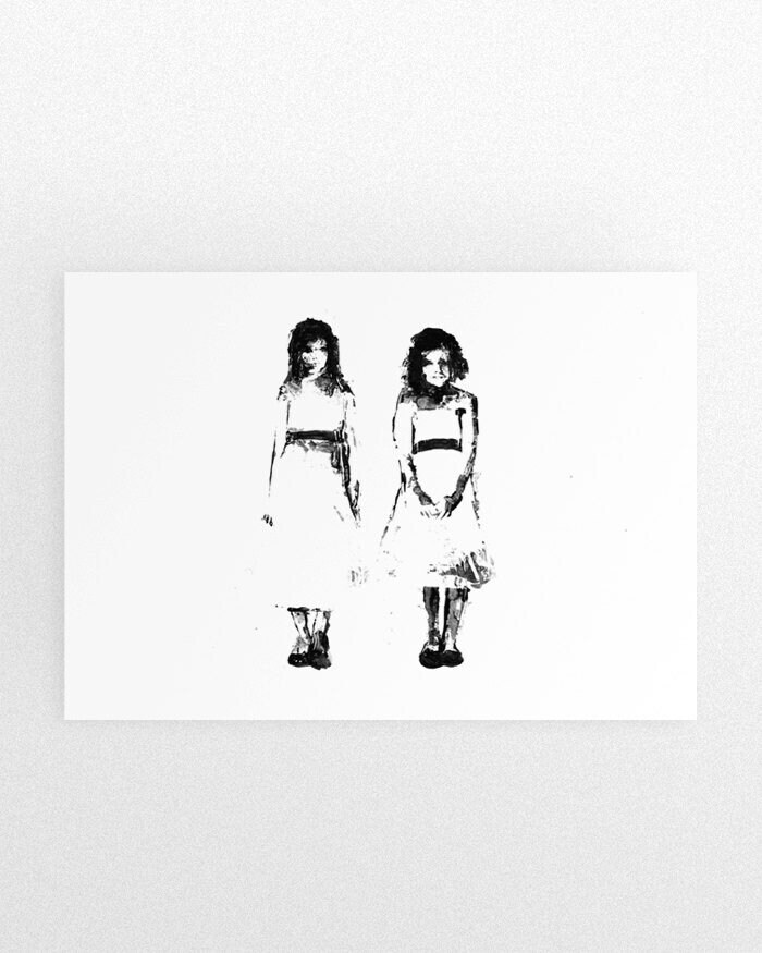 two girls art, black and white art, acrylic painting print, shining art, twins art, wall art, minimalist art print, creepy art, twin girls