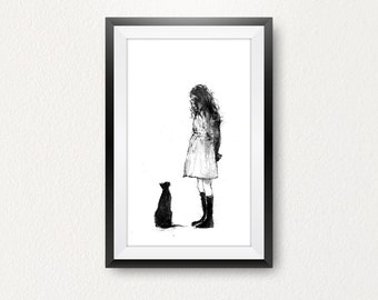 Appointment, Printable Art, Acrylic Painting, Instant Download, Cat Art, Cat Lover, Girl & Cat, Black Cat, Animal Art, Black And White Art
