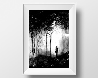 Cave, Black And White Print, Wall Art, Home Wall Decor, Contemporary Art, Wanderlust, Explorer, Modern Print, Ink Painting, Splatter Art