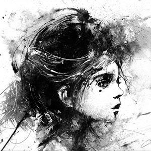 May include: Black and white ink and watercolor painting of a woman's face. The woman has dark hair and is looking to the right. The background is a splatter of black and white paint.