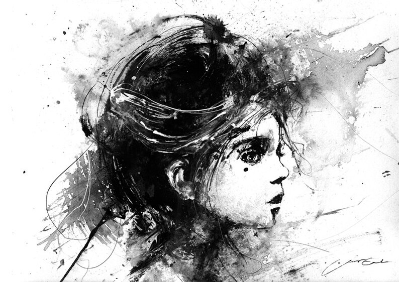 May include: Black and white ink and watercolor painting of a woman's face. The woman has dark hair and is looking to the right. The background is a splatter of black and white paint.