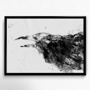 Pájaro triste cuervo blanco y negro, Art Print, cartel aves, impresión de cuervo, Cuervo decoración, ama los pájaros, Raven pintura, arte Animal, Home Decor, tinta arte