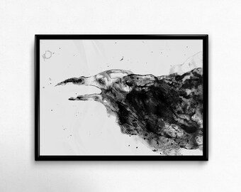 Zwart-witte kraaikunstprint: raafinktschilderij