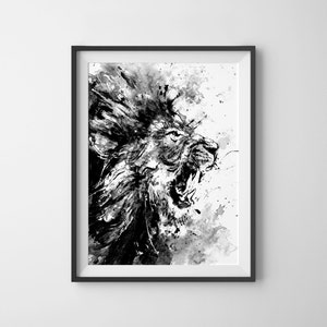 Löwe, Acrylbild Druck, Löwe brüllen, Löwenkunst, Tierkunst, Angry Animal, Schwarz Weiß Kunst, Tiermalerei, Für Ihn, Katze