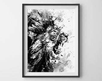 Lion, Acrylic Painting Print, Lion Roar, Lion Art, Animal Art, Angry Animal, Black And White Art, Animal Painting, For Him, Wild Life, Cat