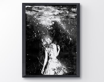 Mermaid, Black And White Art, Art Print, Drown, Girl In Water,  Contemporary Art, Sad Art, Water Art, Abyss, Wall Art, Acrylic Painting,
