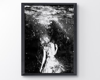 白黒の人魚アートプリント、深淵の少女 - Etsy 日本