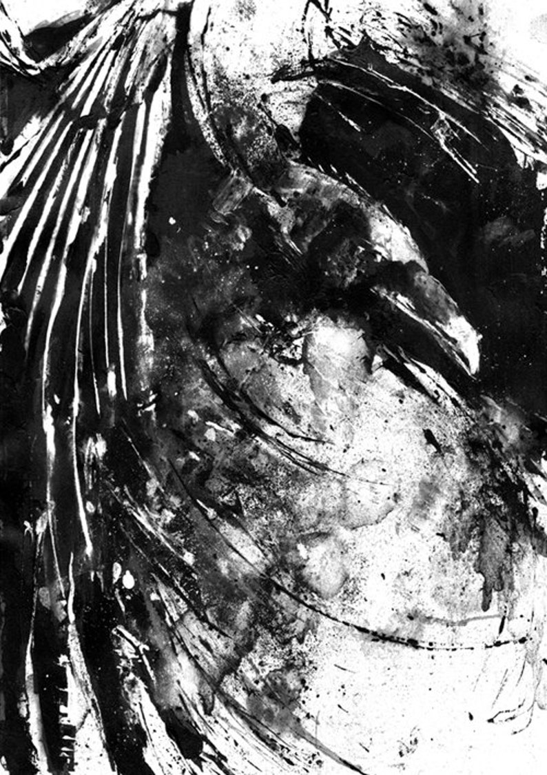 Messy Raven, Black And White Raven Art Print, Bird Poster, Crow Print, Raven decor, Bird Lover, Raven Painting, Black Bird Goth, Home Decor image 2