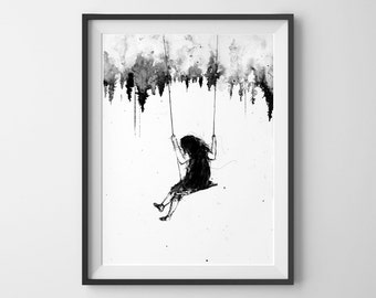 Playground, Girl Swinging, Girls Wall Art, Girl on Swing, Bedroom Decor , Surreal Art, Black and White Art, Acrylic Painting, Art Prints