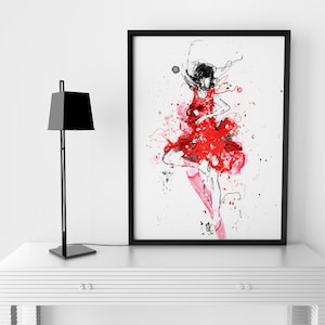 Red Dance, Red dress, Black And White and Red,Dancing Art, Dancing Poster, Figure Art, Contemporary Art, Modern Home Decor, Dance Girl, Red image 1