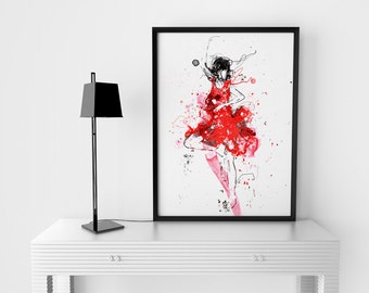 Red Dance, Red dress, Black And White and Red,Dancing Art, Dancing Poster, Figure Art, Contemporary Art, Modern Home Decor, Dance Girl, Red