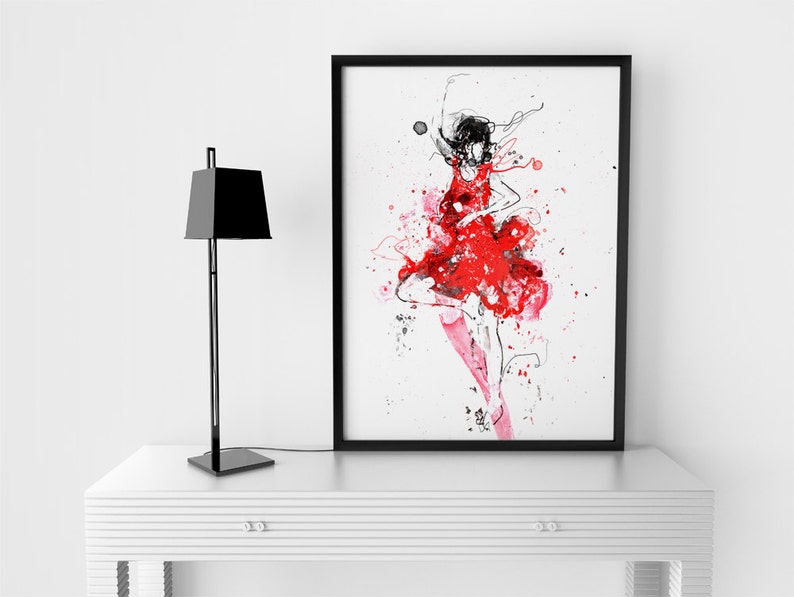 Red Dance, Red dress, Black And White and Red,Dancing Art, Dancing Poster, Figure Art, Contemporary Art, Modern Home Decor, Dance Girl, Red image 1