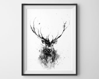 Deer, Deer Head, Animal Art Print, Deer Art, Black and White Animal Art, Wildlife Art, Black And White Art, Minimalist Art, Reindeer Art