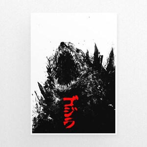 Godzilla poster, acrylic painting, art print, black and white art, movie poster, godzilla art, black and red, gojira text art, monster A3 画像 2