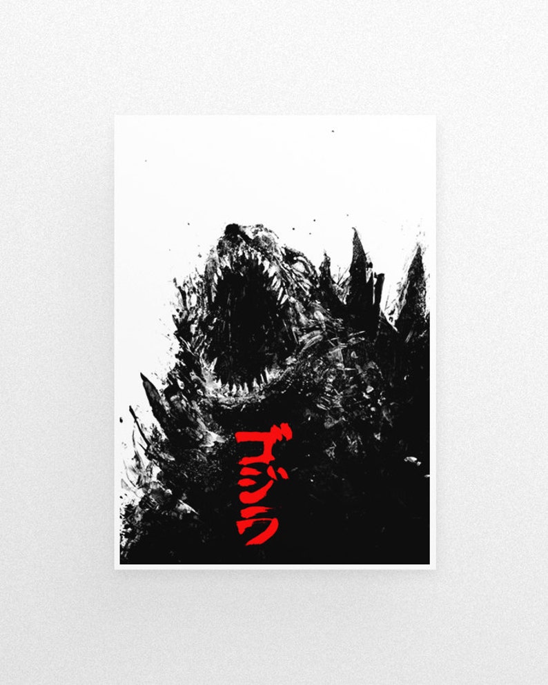 Godzilla poster, acrylic painting, art print, black and white art, movie poster, godzilla art, black and red, gojira text art, monster A3 image 2