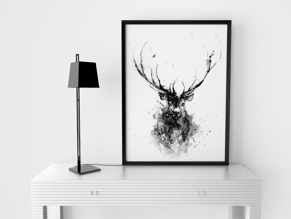 Deer Deer Head Animal Art Print Deer Art Black and White Etsy