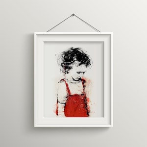 Chica de rojo, vestido de rojo, blanco y negro y rojo, poco chica arte, cartel niños, figura del arte, arte contemporáneo, decoración del hogar moderno, muchacha triste