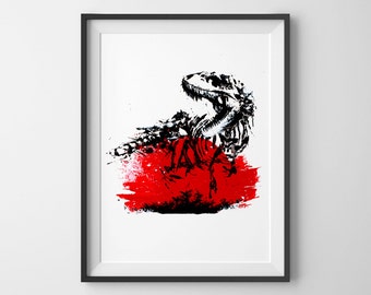 Jurassic Park poster art print, acrylic painting, dinosaur art, dinosaur poster, skeleton art, skeleton 29.7 x 42.0cm, 11.69 x 16.53 inches