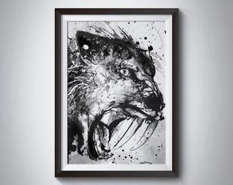 Saber Tooth Tiger, Saber Tooth Cat Art, Animal Art Print, Cat Art, Black and White Animal, Wildlife Art, Black And White Art, Angry Animal